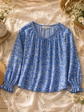 Alexander Jordan Blue Floral Peasant Blouse Cottagecore Prairie Rayon L